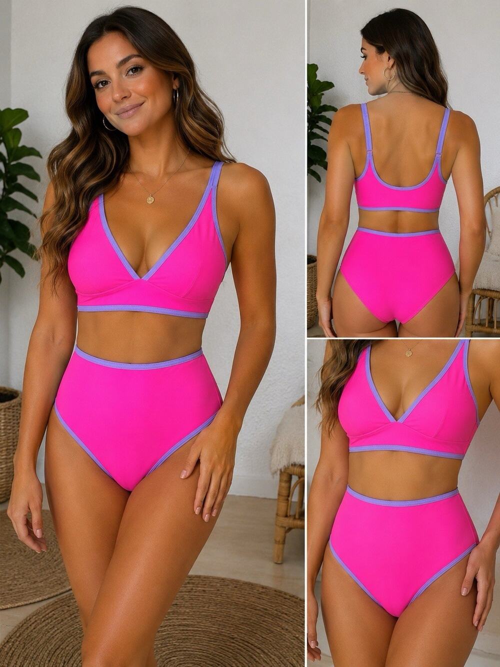 MOSHU Neon Pink & Lavender High Waist Cutout Bikini Set NWT Size Medium